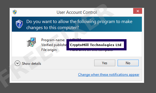 Screenshot where CryptoMill Technologies Ltd appears as the verified publisher in the UAC dialog